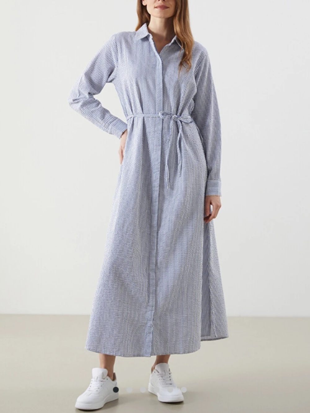 LC Waikiki 🇹🇷 18 Striped Cotton Maxi Shirt Dress Long Sleeve Belt Crinkle